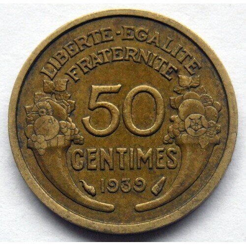 Монета от 50 сантима на Франция (1939 г.), изсечена в Париж.