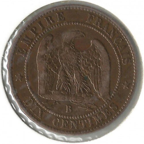 Монета от 10 сантима на Франция (1853 г.) с маркировка "B" за Руан.