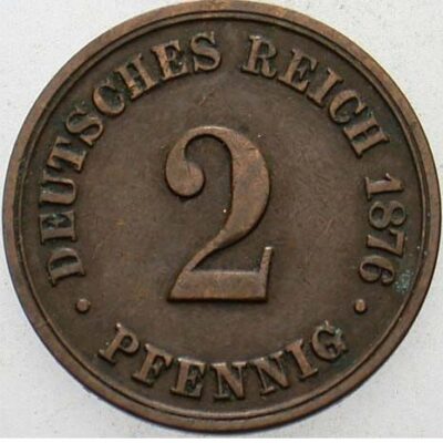 Монетата 2 Pfennig 1876 е класически представител на Германската империя.
