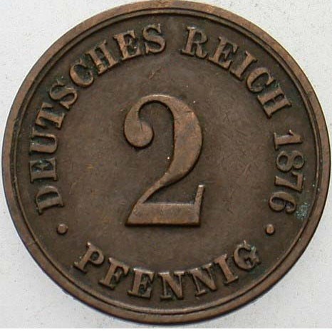 Монетата 2 Pfennig 1876 е класически представител на Германската империя.
