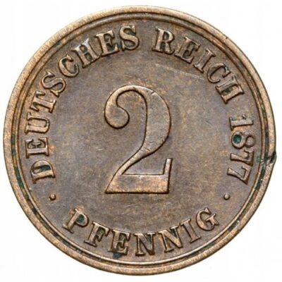 Монета 2 пфенига 1877 г. Германия – ранна емисия на Германската империя с двуглав орел.