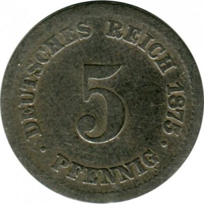 Монета Германия 5 пфенига 1875 с имперски орел и надпис Deutsches Reich