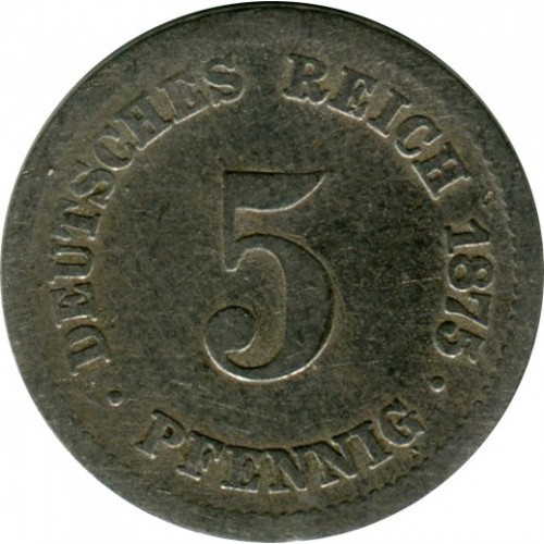 Монета Германия 5 пфенига 1875 с имперски орел и надпис Deutsches Reich