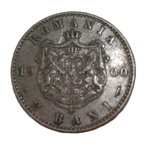 Румънска монета от 2 бани, 1900 г., с меден релеф, изобразяваща детайлен дизайн и исторически характер, поставена върху светъл фон.