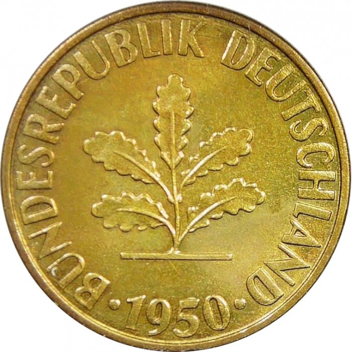 Монета от 10 пфенига от 1950 г. на Федерална република Германия, изобразяваща житни класове и номинал, символ на икономическото чудо. 1