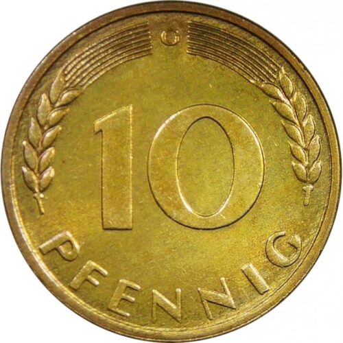Монета от 10 пфенига от 1950 г. на Федерална република Германия, изобразяваща житни класове и номинал, символ на икономическото чудо.