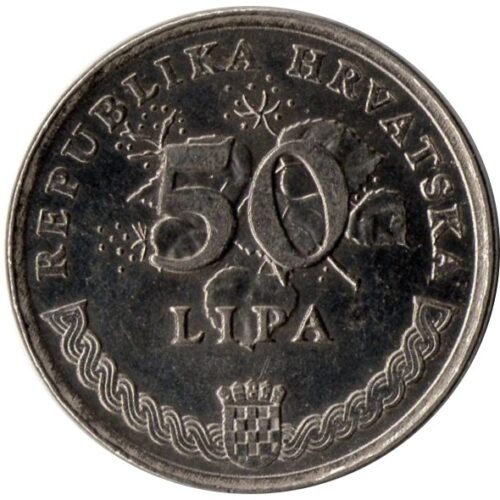 Монета от 50 липа, Хърватия, 1994 г., изработена от алуминиево-бронзова сплав с изображение на липа и дъбова клонка.