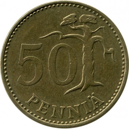 Финландска монета от 50 пенита, 1975 г., с изображение на герба на Финландия (лъв с меч) и минималистични орнаменти, символизиращи природата.
