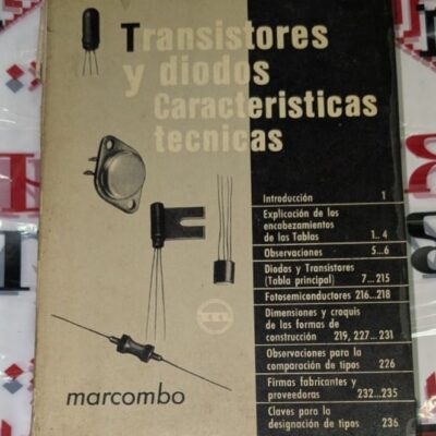 Книга "Transistores y Diodos - Características Técnicas" с черно-бежова корица, съдържаща изображения на електронни компоненти и списък с раздели.