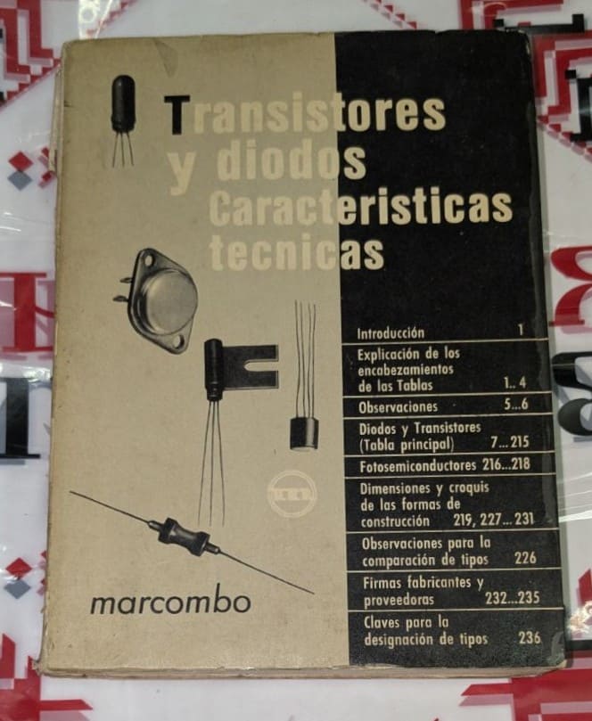 Книга "Transistores y Diodos - Características Técnicas" с черно-бежова корица, съдържаща изображения на електронни компоненти и списък с раздели.