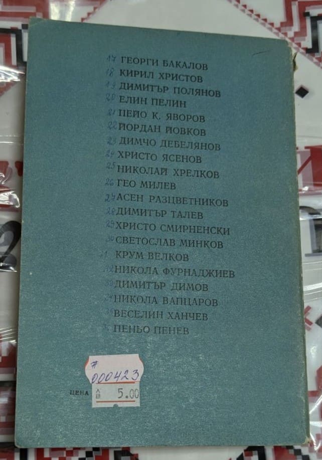 „Корица на антология ‚Български писатели: Биографии‘ с имена на известни автори като Иван Вазов и Христо Ботев.“1