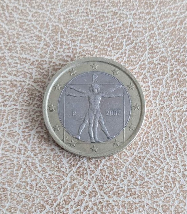 Монета 1 евро Италия 2007 с Витрувианския човек на Леонардо да Винчи.1