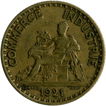 Монета Франция 1 франк 1921 с надпис Bon pour 1 Franc и изображение на индустрия и търговия.1
