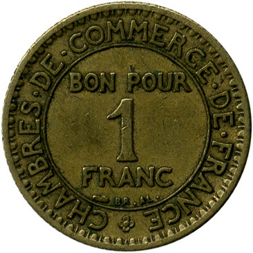Монета Франция 1 франк 1921 с надпис Bon pour 1 Franc и изображение на индустрия и търговия